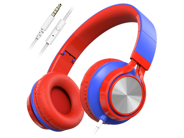 Kids School Headphones with Microphone & 3.5mm Jack, Red Blue K-12 School Students Use, Travel, Comfortable, Kids & Teens, Duarable, Adjustable &...