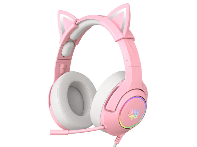 Gaming Headset - Removable Cat Ears, RGB/Retractable Mic (A Pink) Wired 3.5mm surround sound gaming headphone, compatible with PC, PS4, PS5,...
