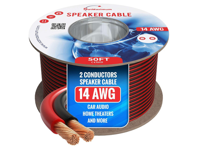 Speaker Cable 50FT 14AWG 2 Conductors (14/2) CL3 Rated CCA (Copper Clad Aluminum) Black and Red Jacket Compatible with Low Voltage LED Wire, Car...