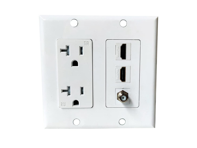 20Amp Power Outlet with 2 HDMI Coax Wall Plate - Power Outlet with 2 Port HDMI Keystone Jack, 1 Coax Cable TV F Type
