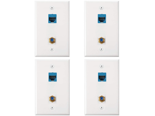 4 Pack Ethernet Coax Wall Plates, Cat6 Coax Wall Plate with Ethernet Port and Gold-Plated TV Coaxial Cable F-Type Port(Blue)