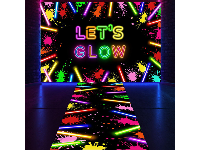 Glow in The Dark Party Decoration Supply 2 Pcs 3.9x5.9 ft Neon Glow Party Backdrop 39x118 Light up Dance Floor Blacklight Rug Photo Booth...