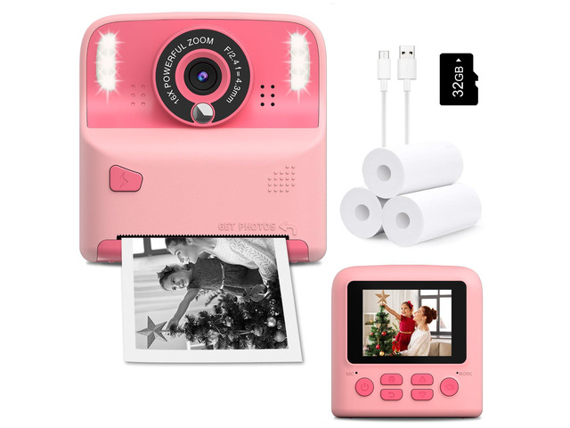 Kids Inkless Instant Print Camera, Birthday Gift for Boys & Girls Perfect Travel Toy for Toddlers, Includes 32GB Card & 3 Thermal Paper Rolls for...