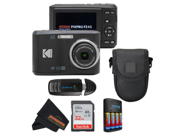 PIXPRO FZ45 16MP CMOS Sensor Digital Camera 5X Optical Zoom with Sunshine Photo Microfiber Cleaning Cloth (Advanced Bundle, Black)