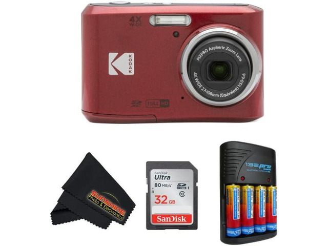 PIXPRO FZ45 16MP CMOS Sensor Digital Camera 5X Optical Zoom with Sunshine Photo Microfiber Cleaning Cloth (Basic Bundle, Red)