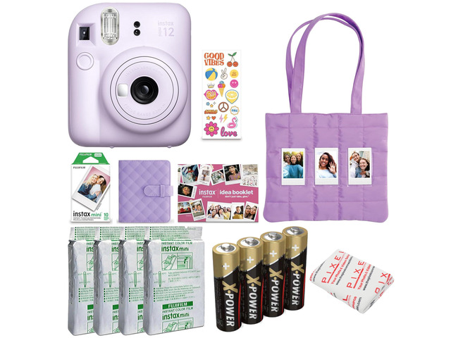 instax mini 12 Instant Film Camera Holiday Bundle (Lilac Purple) with 4 x Instax Mini Instant Film - Foil Pack, Self Adhesive Cloth, and Ansmann...