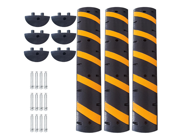 3 Pack 6FT Speed Bumps for Road, Heavy Duty 25,000 Lbs Capacity Traffic Rubber Speed Humps with 2 Channel Floor Cord Cover for Asphalt Concrete...