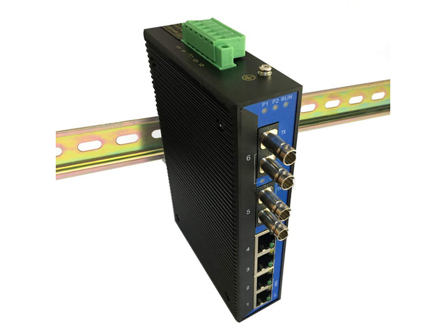 Industrial 6-Port Unmanaged Ethernet Switch/Daisy-Chain and Star Fiber Optic Converter, Single-Mode, ST Connectors
