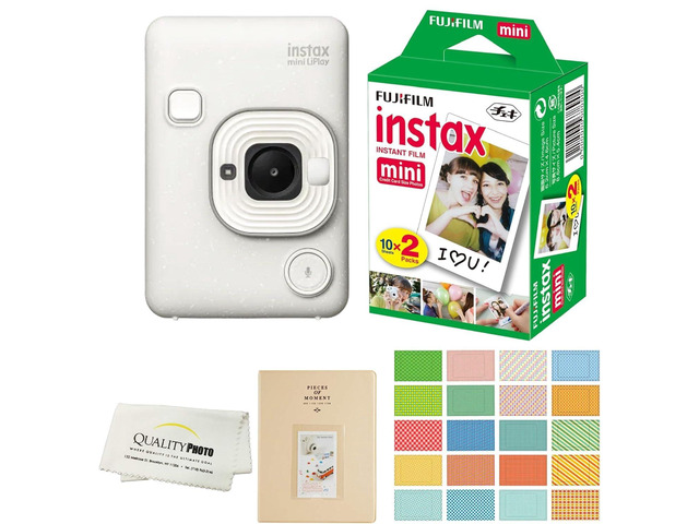 Instax Mini LiPlay Hybrid Instant Camera with 20 Instant Films and Photo Album. Plus Stickers. Bonus Quality Photo Microfiber Cloth (Misty White)