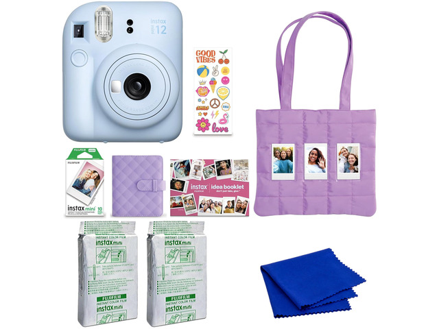 instax mini 12 Instant Film Camera Holiday Bundle (Pastel Blue) with 2 x Instax Mini Instant Film - Foil Pack and Microfiber Cloth