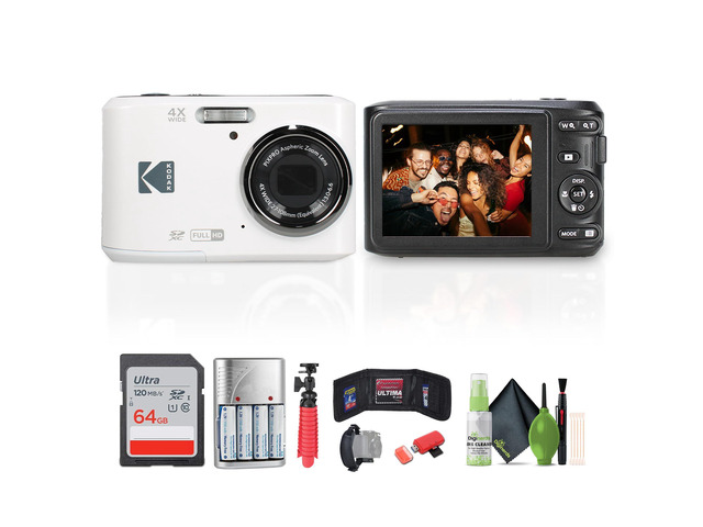 Pixpro FZ45 Digital Camera (White) Bundle Including: 64 GB Memory Card, Rechargeable Batteries, Flexible Tripod, Card Reader, Hand Strap, Cleaning...