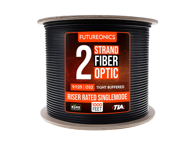 2 Strand Indoor/Outdoor Fiber Optic Cable, OS2 9/125 Singlemode, Corning SMF-28 Ultra, Bend Insensitive, Black, Riser Rated, Spool, 1000 Foot