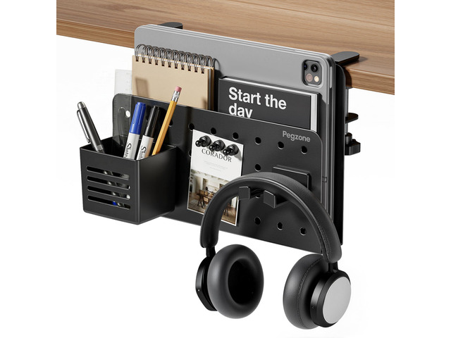 Under Desk Storage Organizer, Laptop Holder for 0.4'-2.2' Desk Edge, Black Holds 22lbs, Clamp on Desk Organizer with Pegboard Design, Fits...