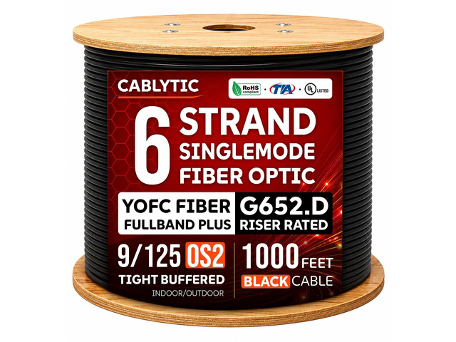 6 Strand Fiber Optic Cable 1000FT OS2 Singlemode 9/125 G652.D Indoor/Outdoor, YOFC Fullband Plus Fiber, Black, Riser Rated, Spool, UL