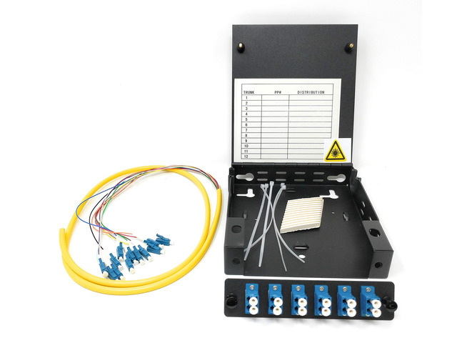 12 Port Wall Mount Fiber Enclosure with Splicing Module Singlemode LC-UPC Kit (Includes a 1 Meter 12 Strand LC-UPC Pigtail and 6 Port Duplex LGX...