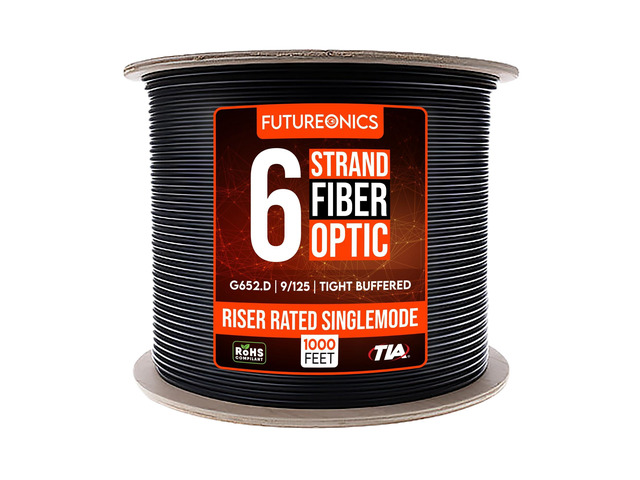 6 Strand Indoor/Outdoor Fiber Optic Cable, OS2 9/125 Singlemode, G652.D, Black, Riser Rated, Spool, 1000 Feet
