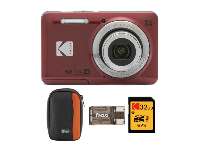 PIXPRO Friendly Zoom FZ55 Digital Camera (Red) Bundle with Camera Case, 32GB Class 10 UHS-I U1 SDHC Memory Card and USB 2.0 Card Reader (4 Items)