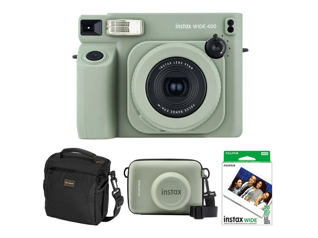 Instax Wide 400 Instant Film Camera, Jet Black, Bundle with Case, Instant Color Print Film, 20-Pack and Shoulder Bag (Sage Green)