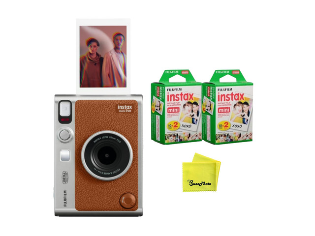 Instax Mini EVO Instant Camera - Brown (Camera w/Extra Film 2-Pack)
