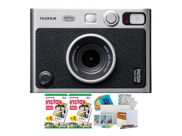 Instax Mini EVO Hybrid Digital/Instant Film Camera Bundle (Black) Photo Box, Postcard Set, Pack 40 Exp