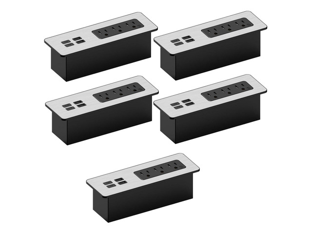 Recessed Power Strip Kit with Fast Charging 2 PD65W USB-C Ports, 2 USB-A Ports, 3 Power Desk Outlets, Replaceable Silver Finish Panel Plate Flush...