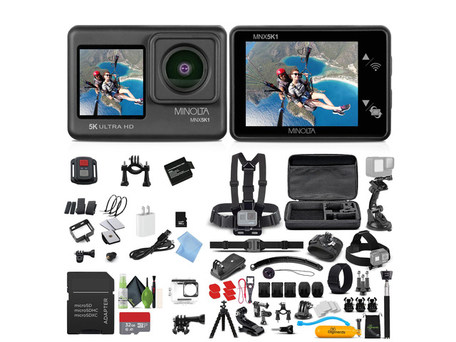 MNX5K1 5K Ultra HD / 24 MP Action Camera Kit + 32GB Memory Card + Cleaning kit + Diginerds 50 in 1 Go Pro Accessory Pack - Black