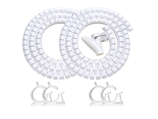 White Cable Organizer Cord Wire Cover Hider Sleeve Management 2 PCS, Clutter Free Coiled Tube Wire Concealer with Cable Tie Clips System for TV PC...