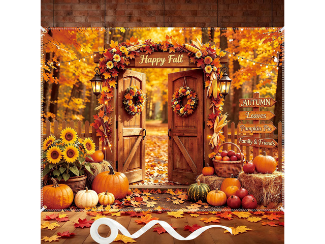 Fall Photo Backdrop 8×6ft, Thanksgiving Autumn Party Scene Photo Background with 100 Pcs 3.1 Inch Red & Yellow Artificial Maple Leaves for Autumn...