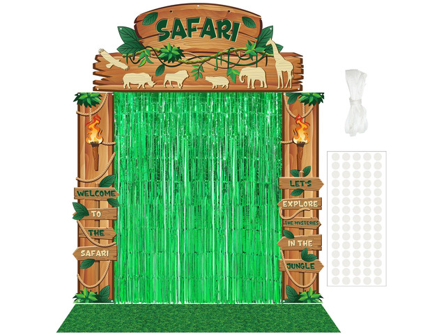 7 Pcs Safari Jungle Party Decor, Entryway Decor Photo Background Rainforest Themed Party Porch Banners, Green Rug, Green Foil Fringe Backdrop...
