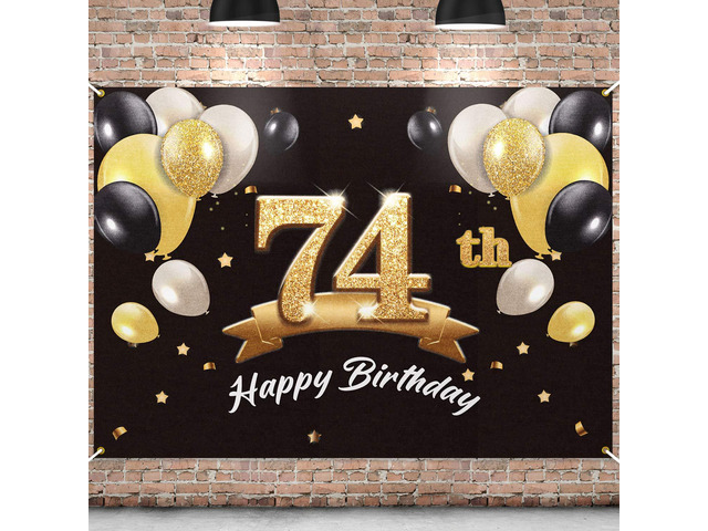 Happy 74th Birthday Banner Backdrop - 74 Birthday Party Decorations Supplies for Men - Black Gold 4 x 6ft