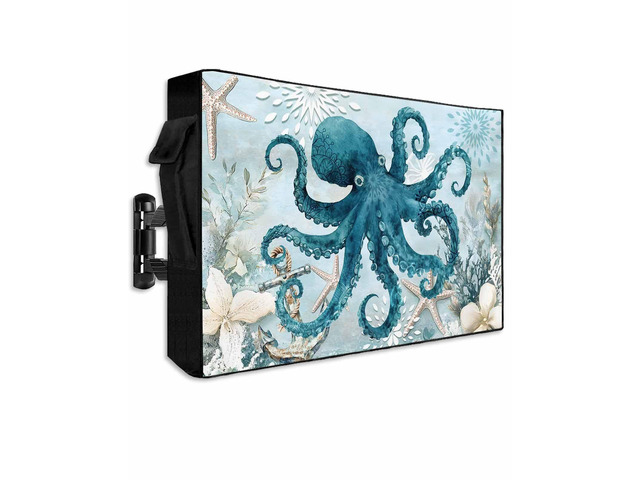 Blue Ocean Octopus Outdoor TV Cover for Outside Flat Screen Televisions,Retro Marine Starfish Waterproof TV Screen Protector with Zipper for 60 to...