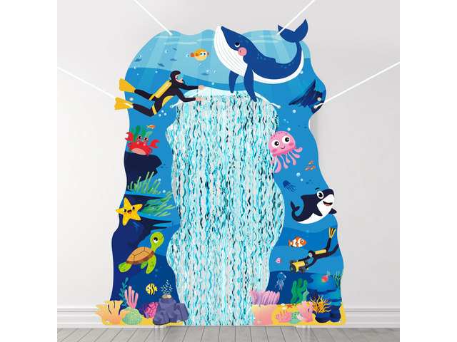Door Porch Banner Set - 7Pcs Under the Sea Backdrop with Blue Tinsel Fringe Curtain, Photo Props Welcome Hanging Decorations for Birthday Party...