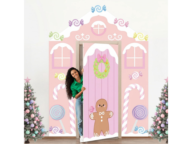 4 Pcs Gingerbread House Door Cover Christmas Backdrop Photo Booth Pastel Candy Pink Theme, Porch Sign Decoration, Holiday Party Decor, Xmas...