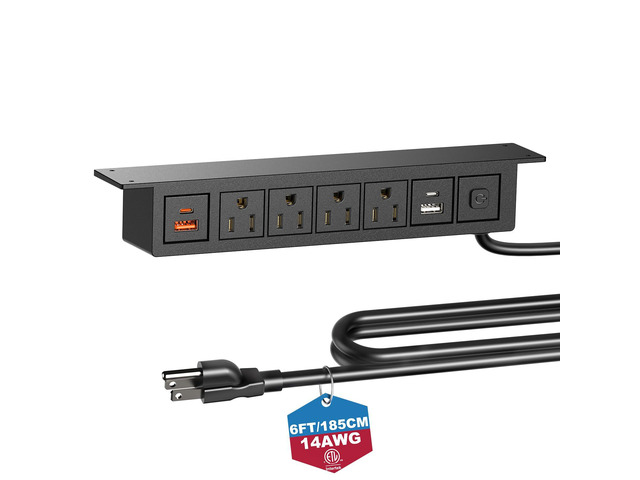 8 in 1 Under Desk Power Strip with Switch, 4 Outlets, 4 USB, 6FT Cord,14AWG 20W USB-C,18W USB A, Mountable Under Desktop Outlet for Home Office Desk