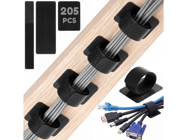 205 Pcs Hook and Loop Cable Ties Cable Straps Management Self Adhesive Under Desk up to 15 Cords Reusable Adjustable Wire Organizers for Cords Desk...