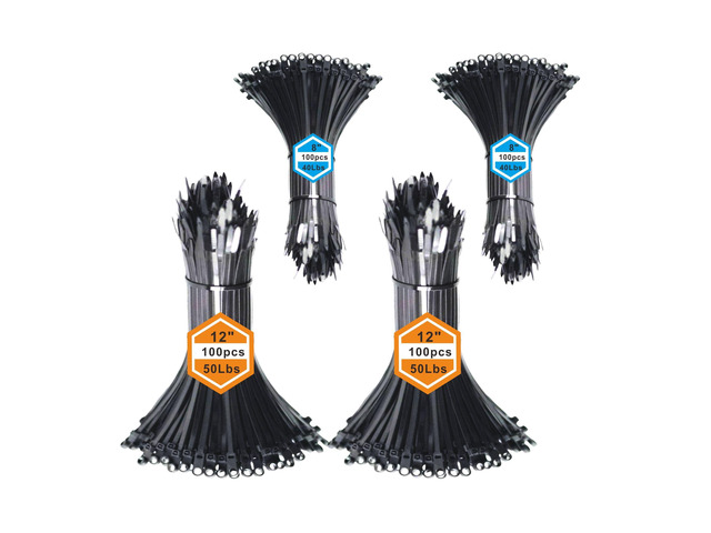 Black Zip Ties 200pcs of 12',50Lbs and 200pcs of 8',40Lbs Mountable head Cable Ties Straps Heavy Duty Nylon Cable Zip Ties with Screw Mounting Hole...