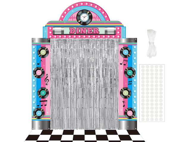 7 Pcs 1950s Party Decorations Retro Diner Backdrop Silver Fringe Black White Checkered Floor, Sock Hop Rock Roll Theme, 50s Birthday Photo Booth...