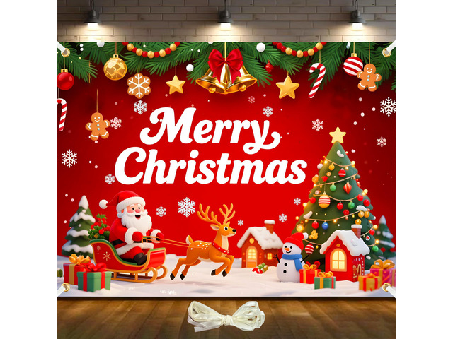 8x6ft Merry Christmas Backdrop Large Christmas Party Decoration Banner Xmas Backdrops for Wall Photography Background Photo Props with 19.68ft Ribbon