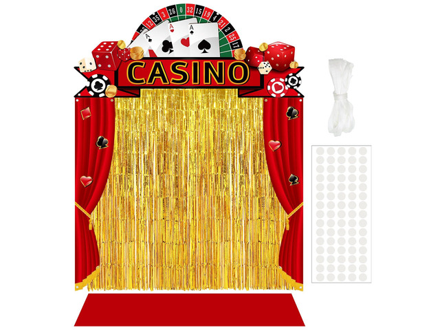 7 Pcs Casino Party Decorations Backdrop Red Carpet Gold Fringe Night Theme Curtain with Stanchion Posts Ropes, Vegas Poker Birthday Photo...