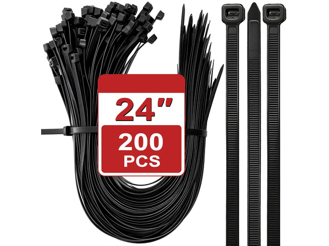 200 Pack 24 Inch Heavy Duty Zip Ties, Black Long Cable Ties, Extra Large Self-Locking Wire Ties, Nylon Ties Wraps for Indoor and Outdoor Use, 155...