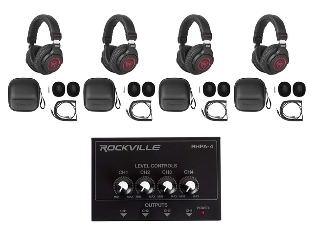 PRO-M50 SR Studio Headphones 4-Pack Bundle with RHPA4 Amplifier 40mm Neodymium Drivers, Closed-Back, Detachable Coil Cable, Cases, Stereo/Mono,...