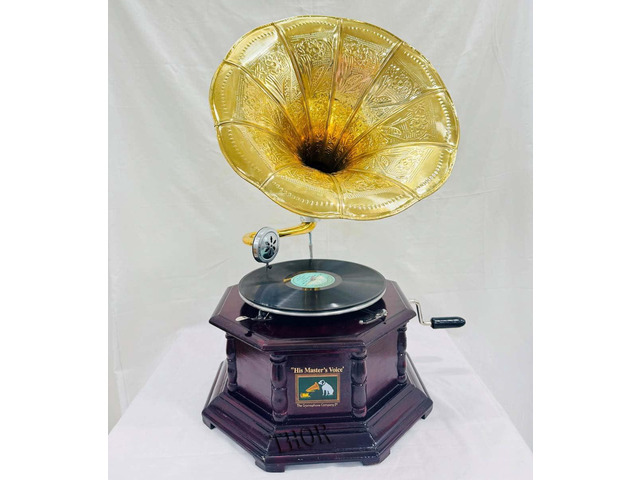 Antique-Looking Replica Gramophone Vintage Gramophone Record Player, Wooden Base with Floral Carvings, Gold Horn Speaker (35X37X32 CM)