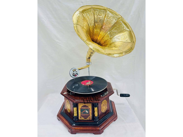 Antique-Looking Replica Gramophone Vintage Gramophone Record Player, Wooden Base with Floral Carvings, Gold Horn Speaker (35.5X35.5X17.5 CM)