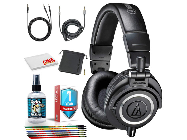 ATH-M50x Monitor Headphones (Black) with 6Ave Cleaning Kit and 6-Pack Reusable Cable Ties