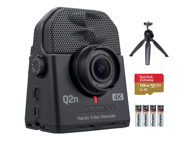 Q2n-4K Ultra High Definition Handy Video Recorder with Table Tripod Hand Grip, and SanDisk 128GB Extreme microSDXC Card and Energizer Premium Max...