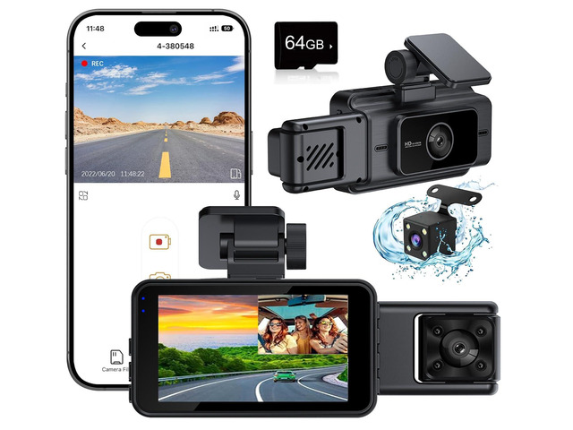 Dash Cam Front and Rear, 3 Channel Car Camera with 64GB Card G-Sensor, 3' IPS Screen, 24Hr Parking, 170° Wide Angle, Loop Recording, IR Night Vision