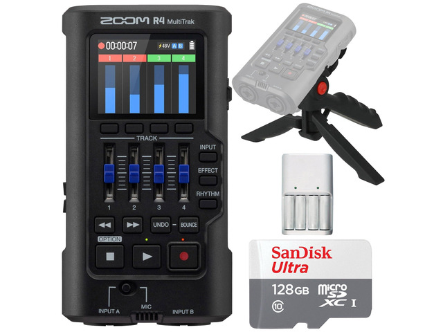 Zoom R4 MultiTrak 32-Bit Float Recorder with 128GB Ultra UHS-I microSDXC Memory Card and Pistol Grip Tabletop Tripod