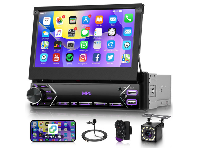 Single Din Flip Out Car Stereo Bluetooth 7 Inch Retractable Touch Screen Car Radio 1 Din Mirror Link/FM/EQ USB/Type-C/AUX SWC, Car Audio Receiver...