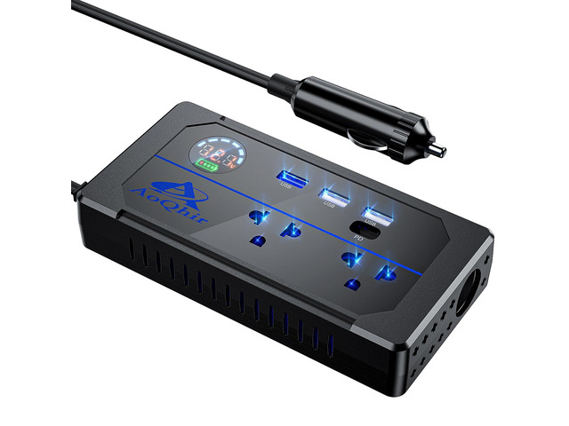 Car Inverter 200W DC12V to AC100V Converter, 3 USB Ports with QC3.0 Fast Charging, TYP-C Support, Smart Display, Multi-Protection, Car Power...