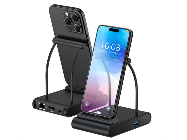 5-in-1 iPhone 16/15 USB C Hub, 4K@60Hz HDMI iPad Docking Stand, Gigabit Ethernet, USB-A 3.2 Port, 100W PD, Compatible with iPad Pro, Galaxy S23...